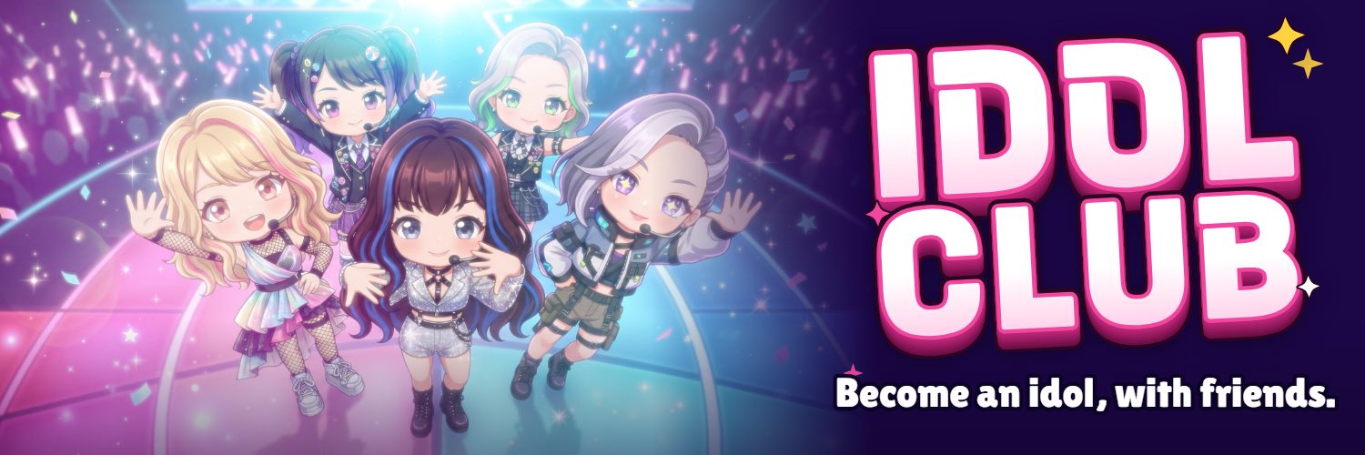 IDOL CLUB banner with a seven-member chibi idol group under stage lights