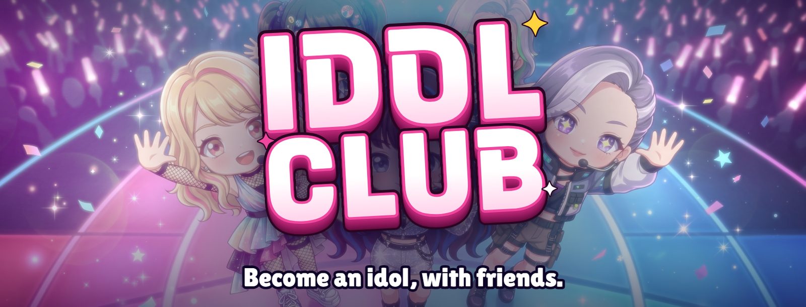 IDOL CLUB idol life simulator cover: chibi idols waving in a concert arena