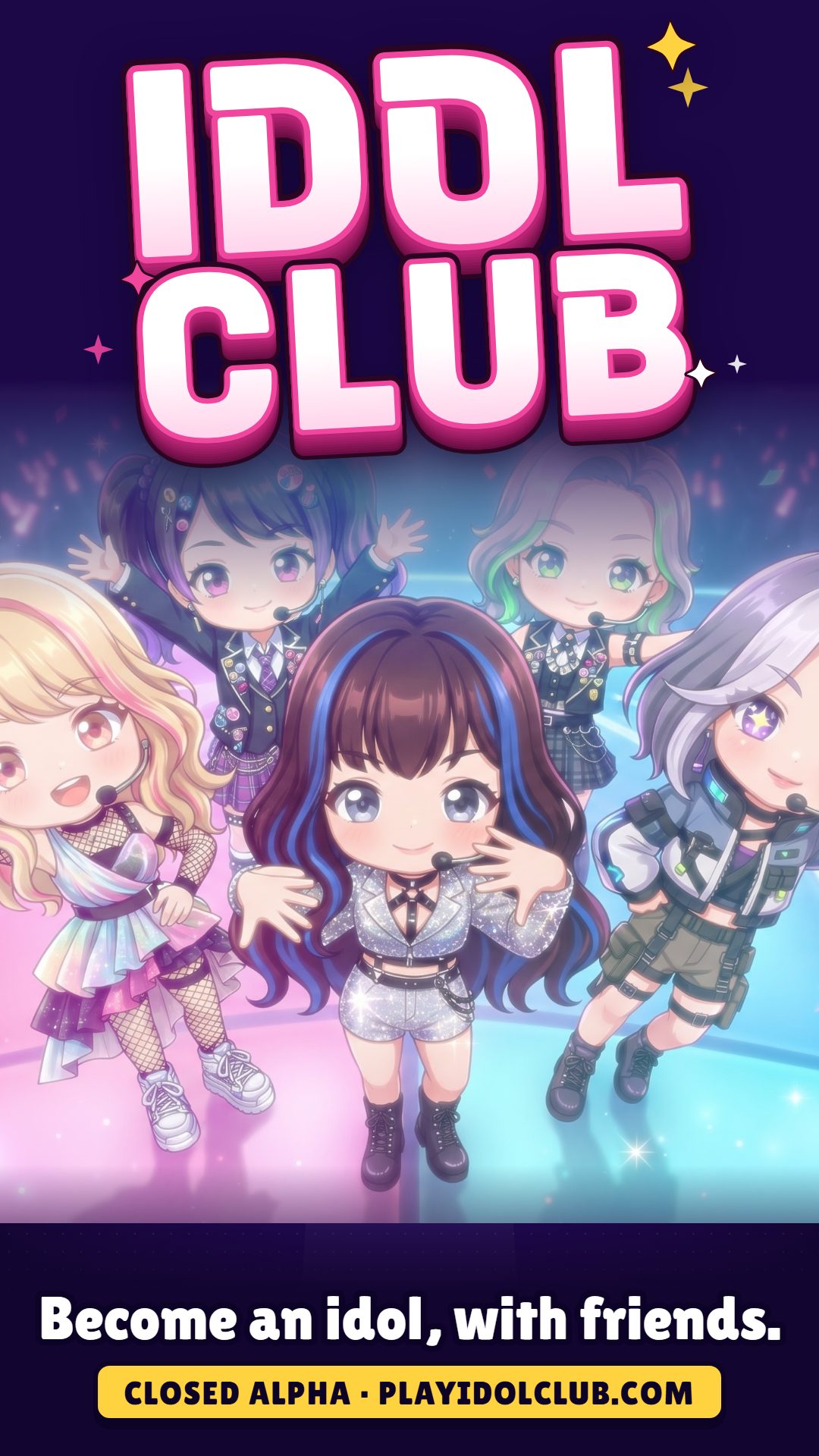 IDOL CLUB poster: a K-pop girl group of chibi idols on stage, closed alpha at playidolclub.com