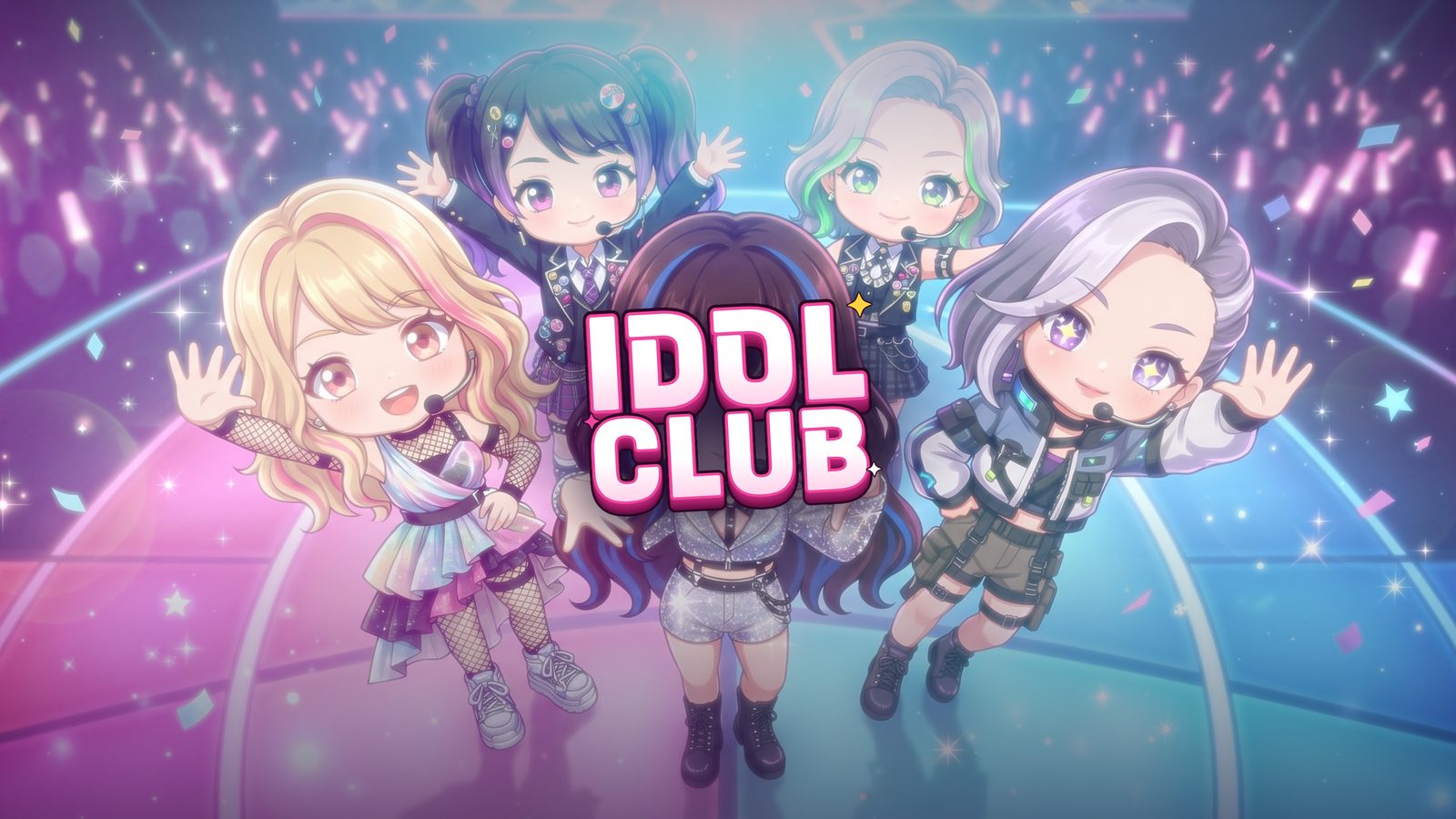 IDOL CLUB K-pop idol simulator game key art: chibi girl group idols waving on a concert stage