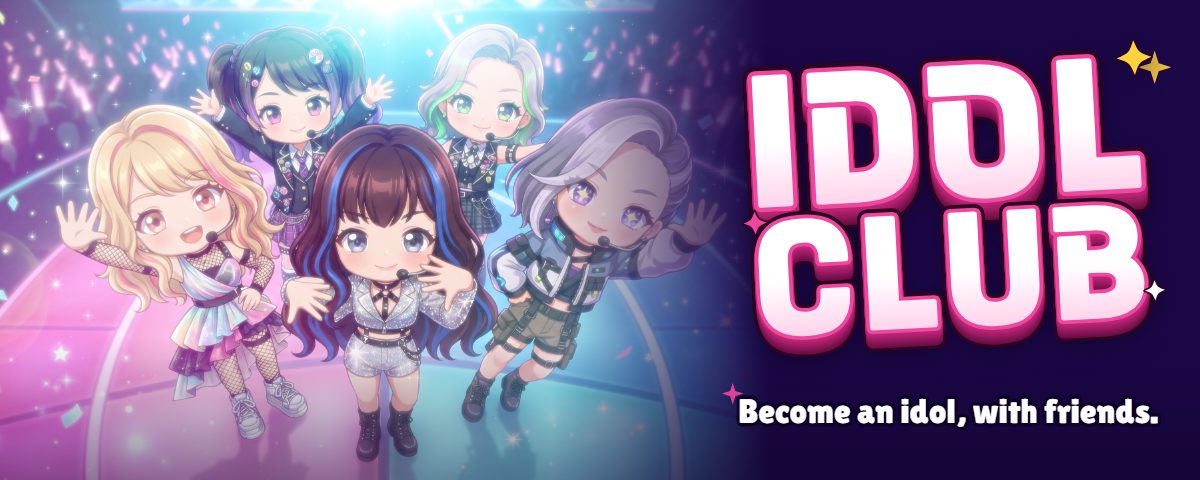IDOL CLUB K-pop idol simulator banner with chibi idols performing on stage